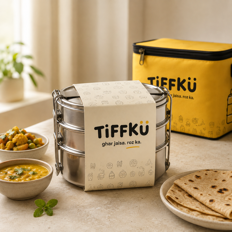 Fresh TIFFKU homestyle meal with branded steel tiffin and delivery bag
