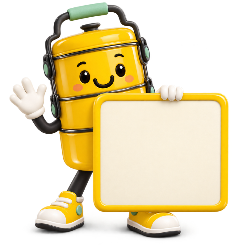 Cheerful TIFFKU tiffin character holding the app download code